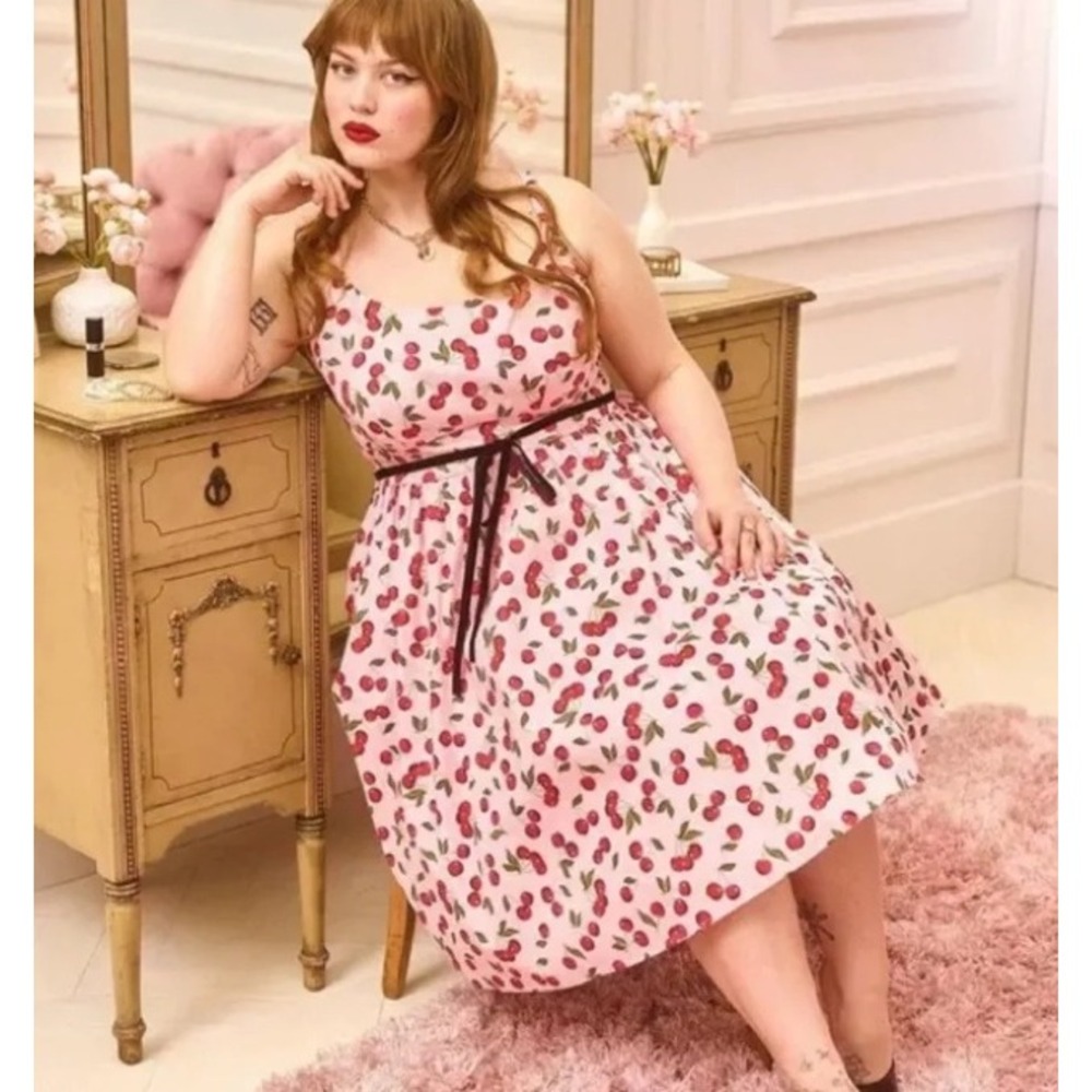Torrid Retro Chic Cherry Polka Dot Pink belted wing Fit & Flare Dress 3 22-24
